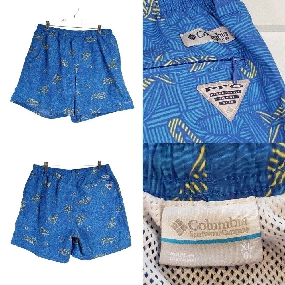 Columbia Omni-Shade Men’s Swim Trunks Blue Size XL Geometric Fish PFG Pockets